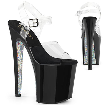 Black Ankle Strap Sandal Heels w/ Contrast Rhine Stones